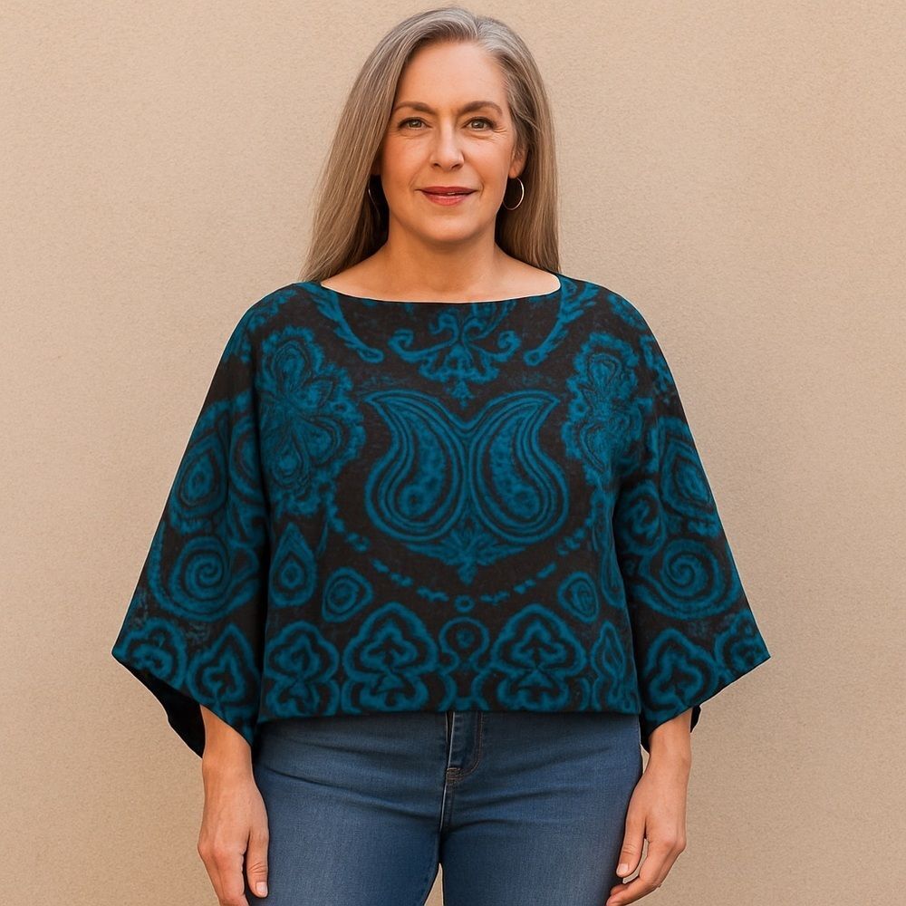 Boutique Paisley Patterned Knitted Layered Shawl Poncho Blue Black One Size